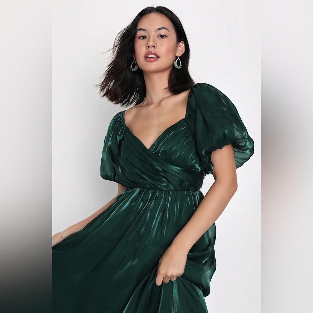 LULU's Sexy Chic Prom Wedding Bridesmaid Satin Ruffle Emerald Green Dress Size L